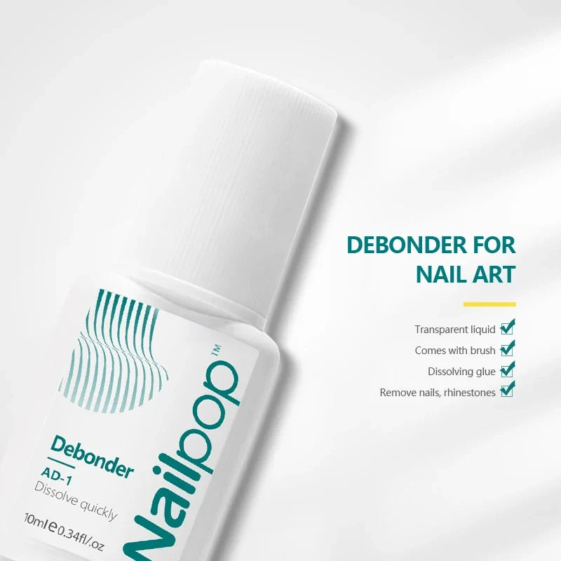 Blushimmer Nailpop 10ml false nail remover and debonder liquid with two bottles for dissolving false nails and rhinestone glue.