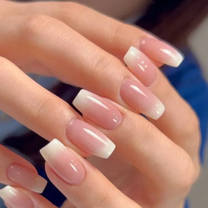 Set of 24 pink and white gradient square fake nail tips with French press design by Blushimmer, short full cover false nails with jelly glue