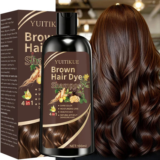 YUITIKUE Brown Hair Dye Shampoo by Silcy Skin in 100ml, featuring natural ginger formula for coloring, moisturizing, and nourishing hair.