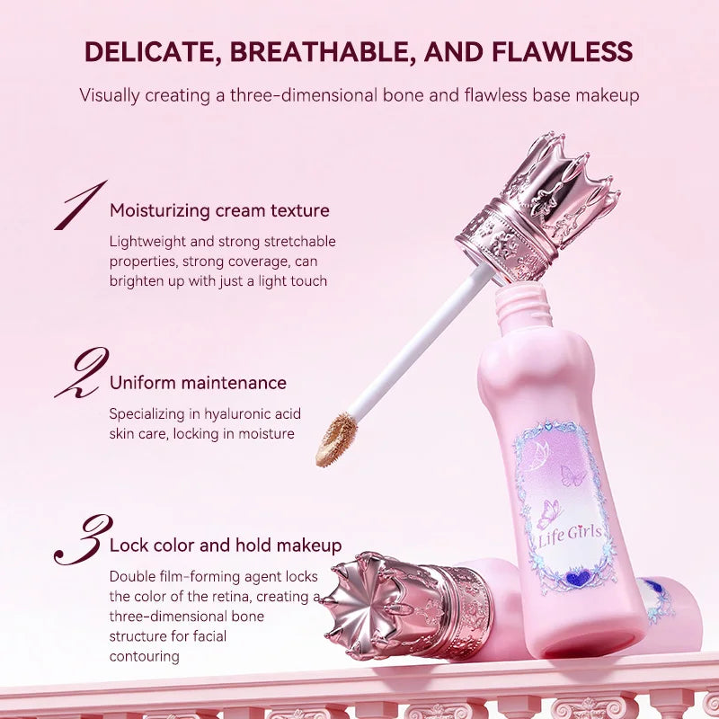 Blushimmer Hua Yin Ji Brightening Concealer with natural nude finish, featuring a fair-skinned girl with a tender pink look and floral accents.