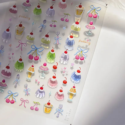 Cute Juicy Red Cherry Bowknot 5D nail art stickers with shiny crystal rhinestones, self-adhesive manicure decals by Blushimmer.