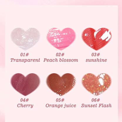 Set of 6 Blushimmer moisturizing transparent lip glosses with hydrating lip oil, glossy lip glaze, and plumper for natural lip makeup.