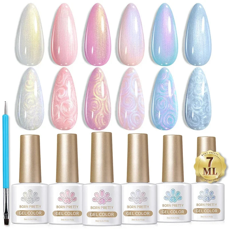 Six-piece Blushimmer Born Pretty crystal amber gel nail polish set in jelly pink and nude colors for semi-permanent UV and LED manicures.