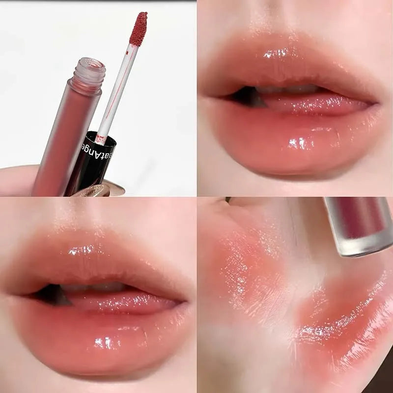Berry Red mirror lip gloss by Blushimmer, translucent, hydrating water-based lipstick with a clear jelly finish and nude brown tint.