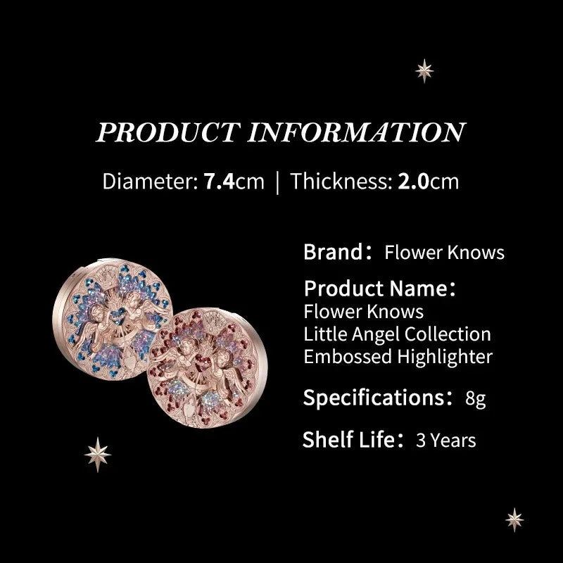 Blushimmer Little Angel Collection face powder palette with relief highlight, contour, and highlighter shades in 8g compact.