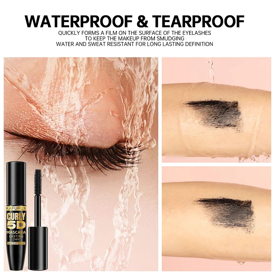 Black waterproof 5D mascara by Blushimmer, showing thick silk fiber lashes, designed to lengthen and enhance eyelashes.