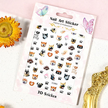 Cute cat and dog nail decals by Blushimmer featuring 3D animal cartoon designs and self-adhesive puppy and kitty nail art stickers.