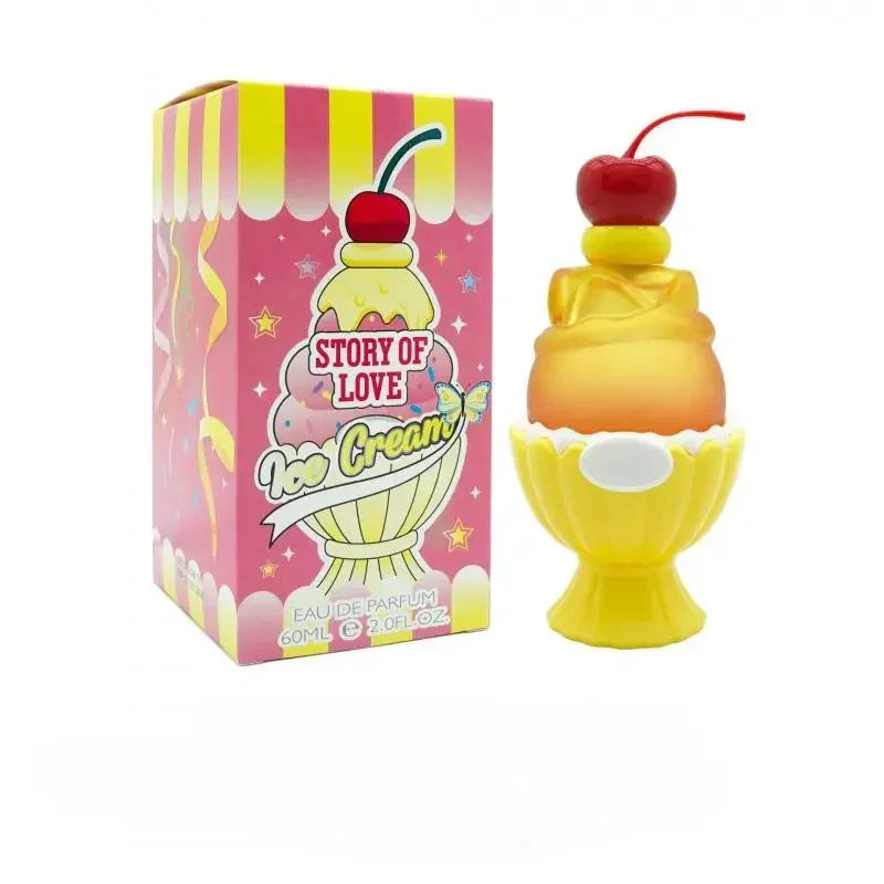 Cute ice cream-shaped perfume bottle by Blushimmer, fruity floral vanilla scent, 50ml long-lasting eau de toilette for women.