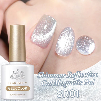 Silver reflective cat magnetic gel nail polish by Blushimmer with crystal glitter, UV and LED soak-off nail art gel.