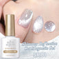 Silver reflective cat magnetic gel nail polish by Blushimmer with crystal glitter, UV and LED soak-off nail art gel.