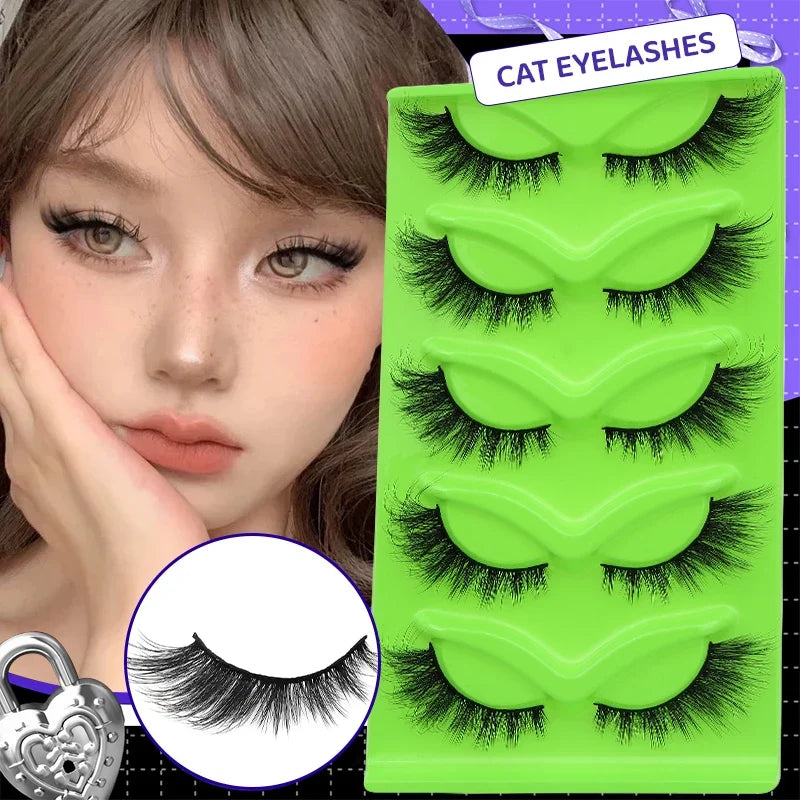 Blushimmer DINGSEN 5 pairs fluffy cat eye eyelashes with wispy long mink strips for a natural, dramatic look in a product image.