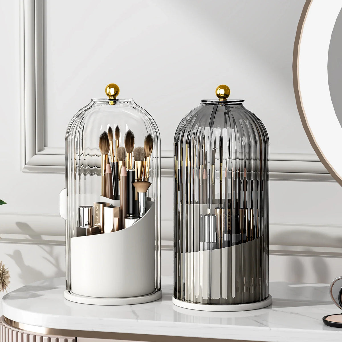 Blushimmer YOOLENS makeup brush holder organizer with lid, 360° rotating clear dustproof storage for vanity or bathroom.