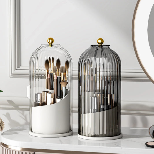 Blushimmer YOOLENS makeup brush holder organizer with lid, 360° rotating clear dustproof storage for vanity or bathroom.