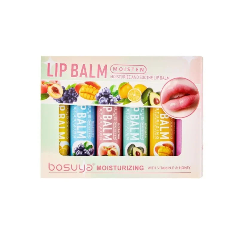 Set of 6 Blushimmer lip balms in various fragrances, moisturizing and repairing dry lips, ideal for gifting or daily use.