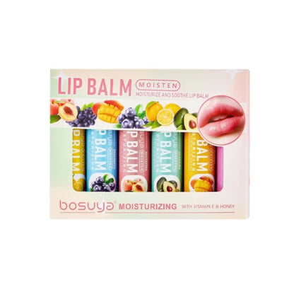 Set of 6 Blushimmer lip balms in various fragrances, moisturizing and repairing dry lips, ideal for gifting or daily use.