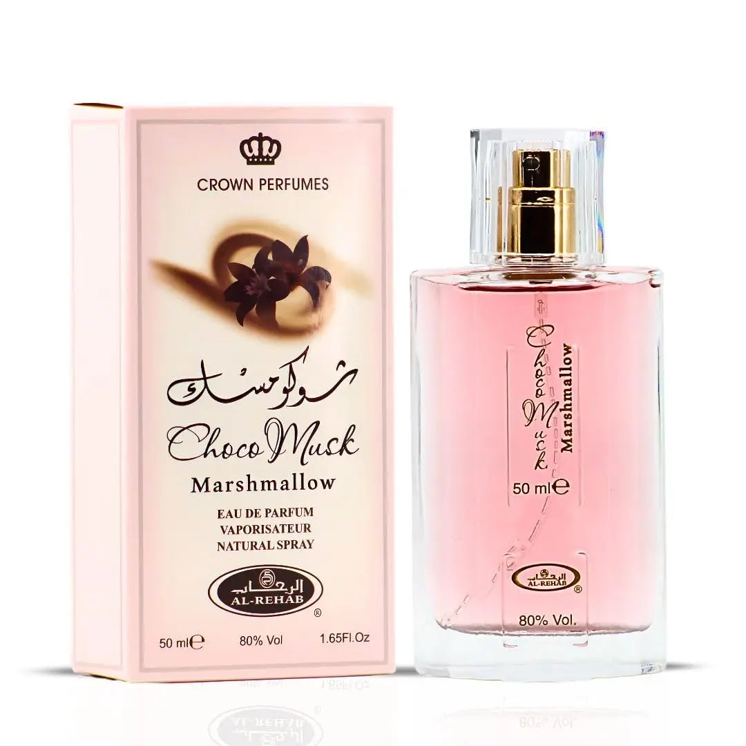 Al-Rehab Choco Musk Marshmallow Eau de Parfum for women in 50ml bottle, featuring strawberry, marshmallow, and cocoa notes.
