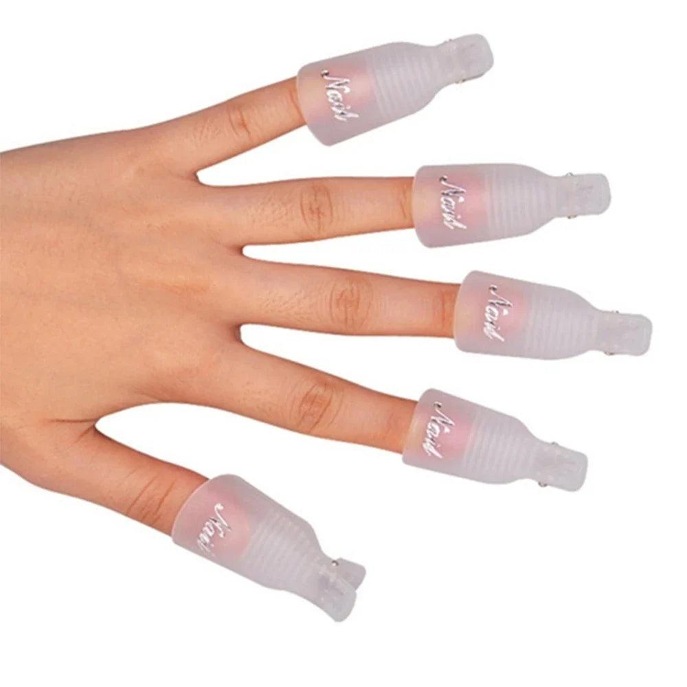 Set of 10 reusable Blushimmer gel nail polish remover cap clips for finger and toe nails, ideal for acrylic and gel polish removal.