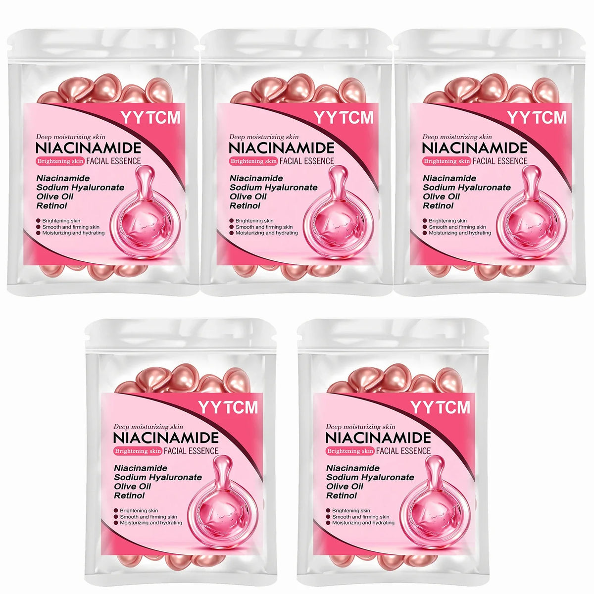 Blushimmer Niacinamide Facial Essence Capsules with retinol, olive oil, and gardenia extract for brightening and hydrating skin.