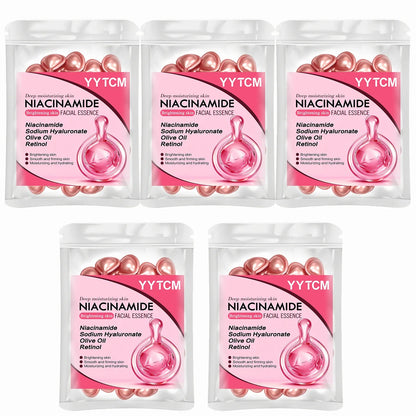 Blushimmer Niacinamide Facial Essence Capsules with retinol, olive oil, and gardenia extract for brightening and hydrating skin.