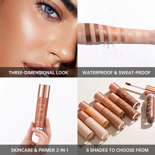 Blushimmer liquid bronzer and highlighter for face, providing a luminous glow and long-lasting contouring effect.