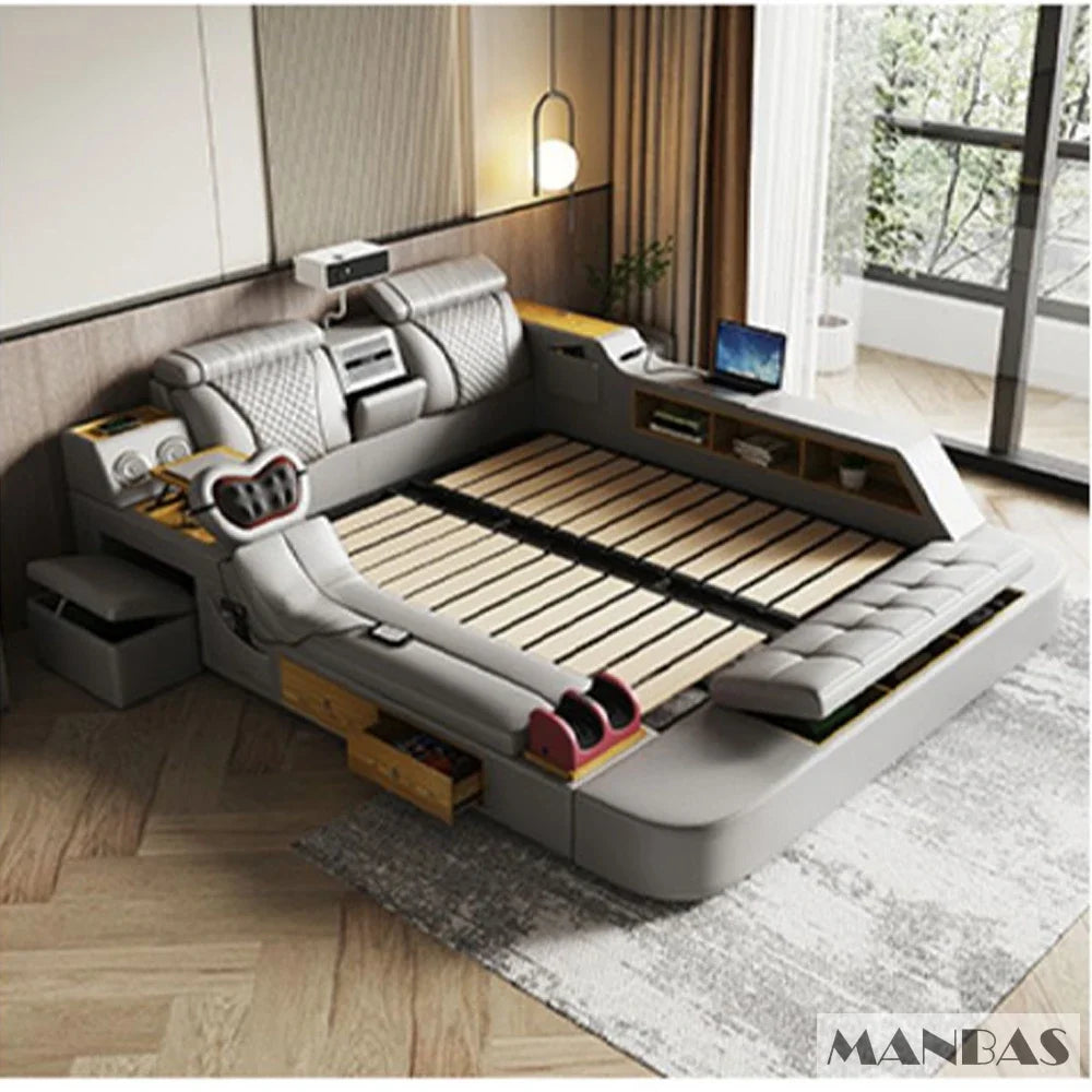Tech Smart Bed - The Ultimate Multifunctional Bedframe With Genuine Leather, Massage, Speaker, Projector, Air Purifier