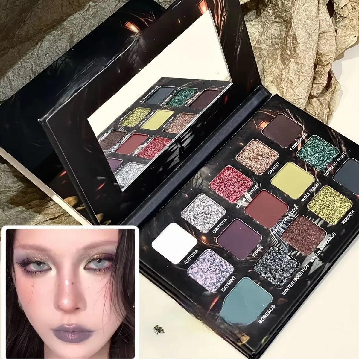 Purple Chameleon Eyeshadow Palette by Blushimmer featuring 15 shimmer and matte shades in purple tones.