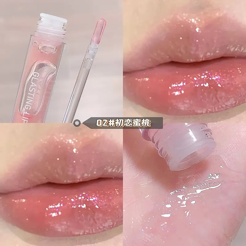 Blushimmer Lip Oil Uuny transparent water gloss on lips, featuring a shiny, moisturizing lip glaze with a mirror-like finish.