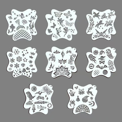 Blushimmer reusable plastic stencils for body painting, face art, and temporary tattoos with various stamp designs.