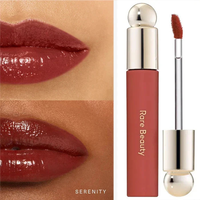 Blushimmer Rare Beauty Melting Cream Blush in pearlescent pink with matte finish, shimmering highlighter and nourishing lip gloss.
