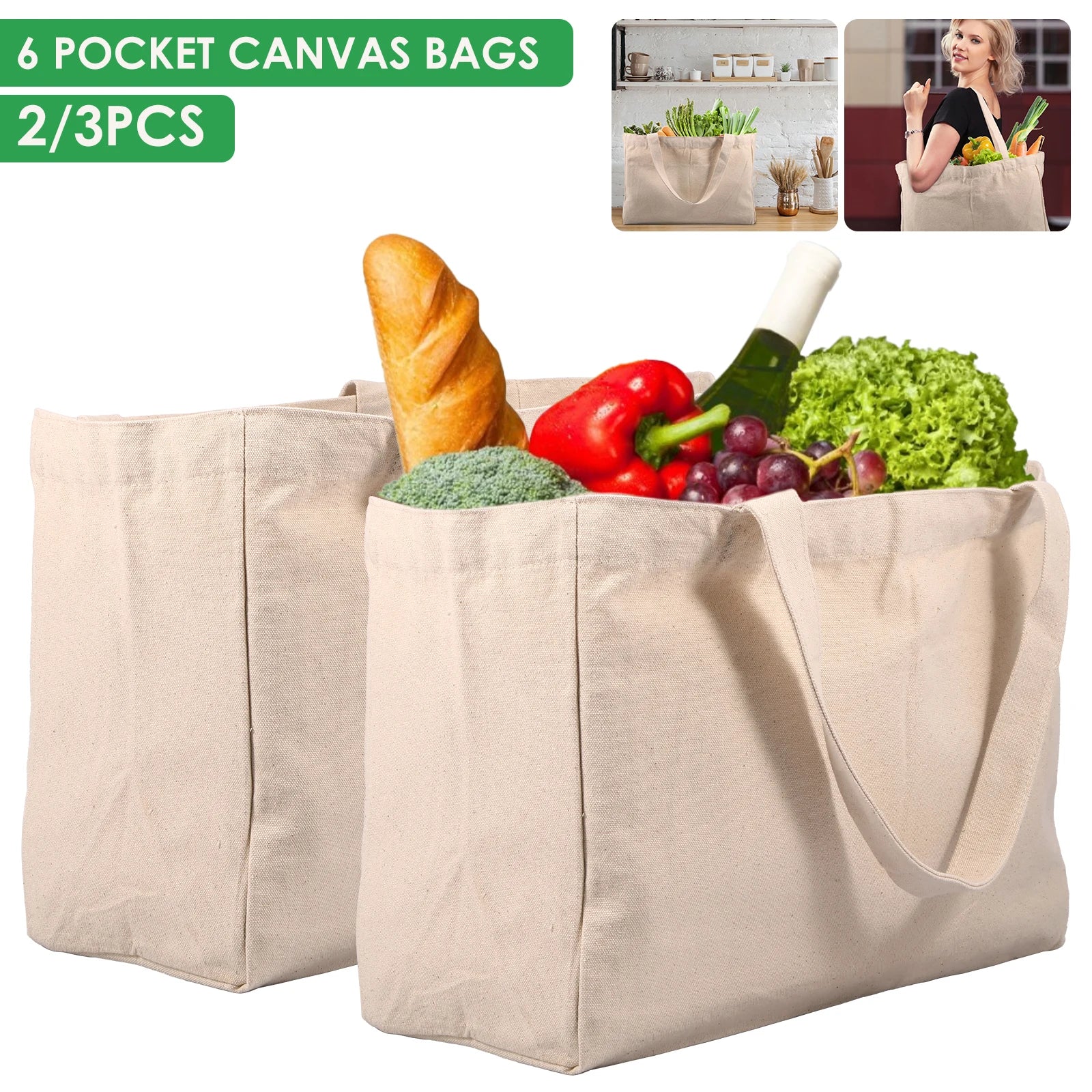 2/3Pcs Canvas Grocery Bag Large Capacity Grocery Shopping Bag Washable Grocery Tote Bag Camping Foods Bag with 6 Inner Pockets