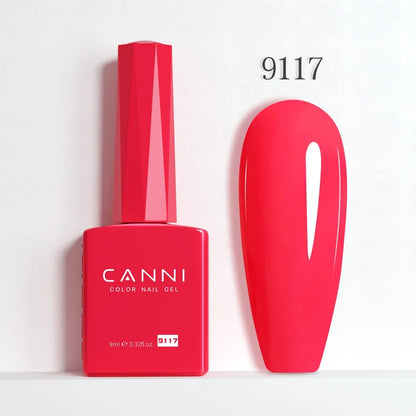 Blushimmer CANNI Hema Free Nail Gel Polish Fall Color Collection with semi-permanent diamond top coat in vibrant red and nude shades.