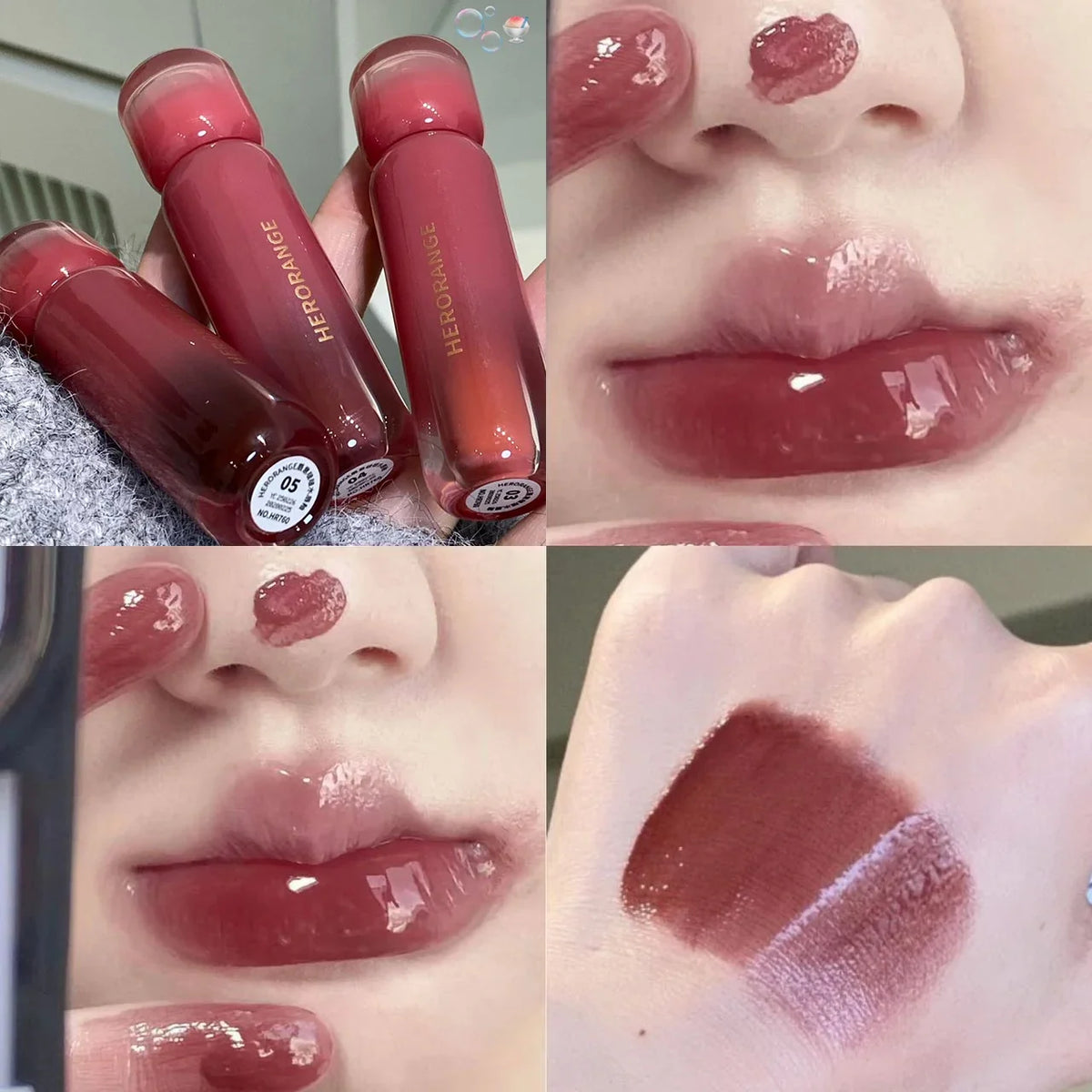 Blushimmer smoked grape purple red lip gloss with moisturizing, mirror-like finish and clear tint for Korean women’s makeup.