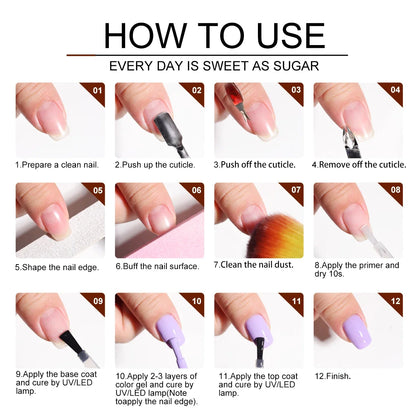 Blushimmer 18-piece gel nail polish kit with glitter, UV light, base and top coat, nail art stickers, and manicure tools.