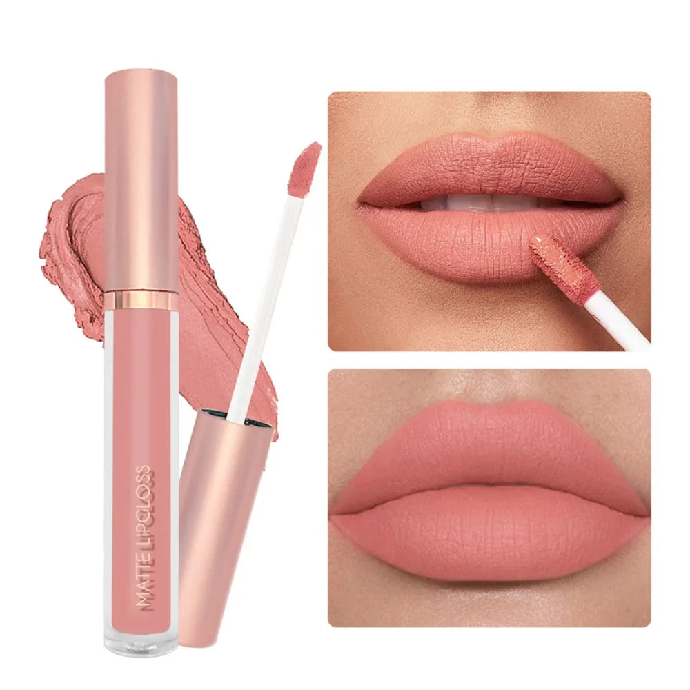 Blushimmer 12-color creamy matte lip gloss set with long-lasting, non-drying nude, berry, and rose shades for plump, moisturizing lips