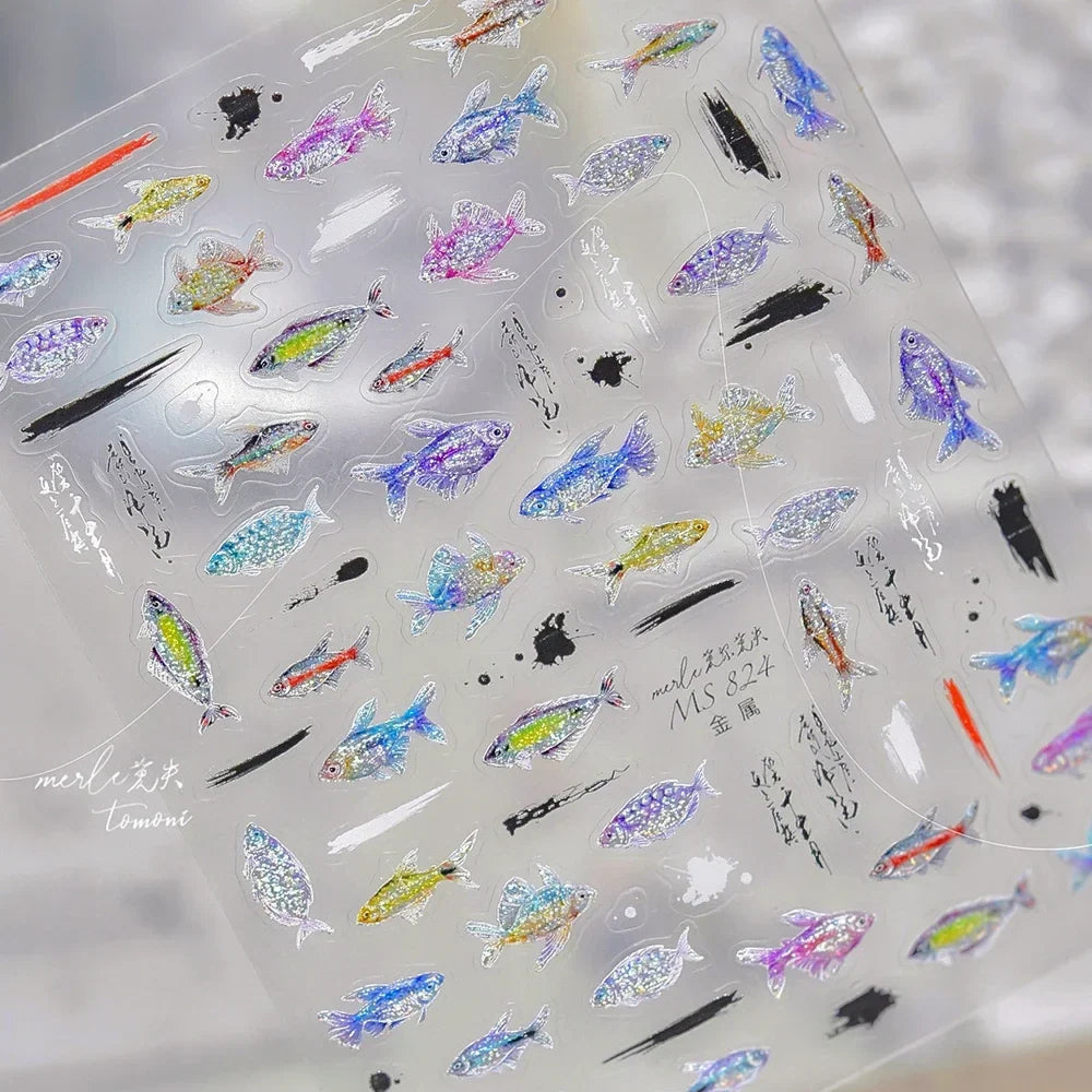 5D Deep Sea Fish Nail Art Stickers Shimmery Bubble Colorful Marine Life Nail Decals Summer Ocean Self Adhesive Manicure Decal
