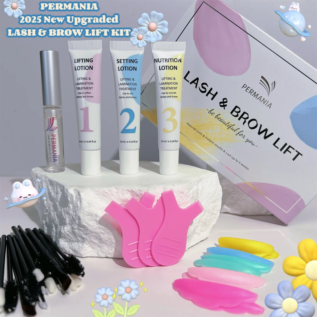 Blushimmer Permania eyelash lift and brow lamination kit with curling tools and products for instant lash and brow styling.