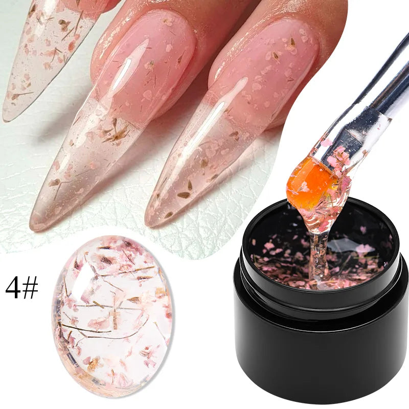 Blushimmer Meet Across 5ml pink dried flower gel nail polish with natural flower design for UV LED nail art and soak-off varnish.