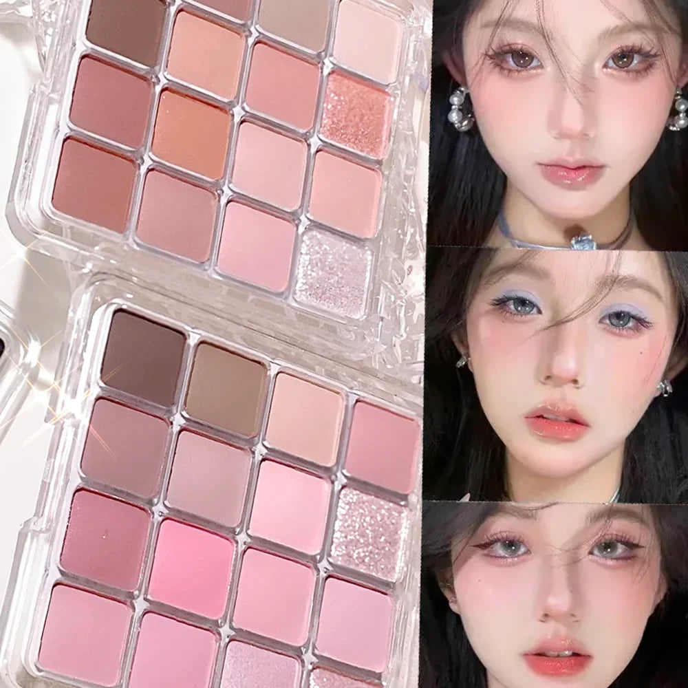 Xiaoyumi 16-color sunset eyeshadow and highlighter palette by Blushimmer with warm, vibrant shades and shimmering finishes.