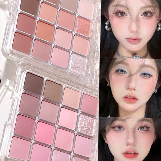 Xiaoyumi 16-color sunset eyeshadow and highlighter palette by Blushimmer with warm, vibrant shades and shimmering finishes.