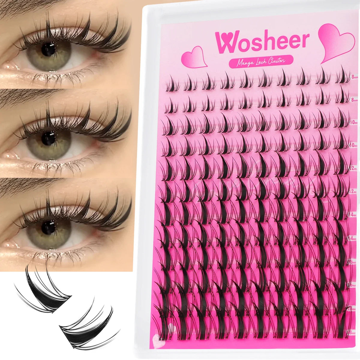 Blushimmer WOSHEER eyelash clusters kit with faux mink lashes, lash bond, seal, and remover for DIY eyelash extension application.