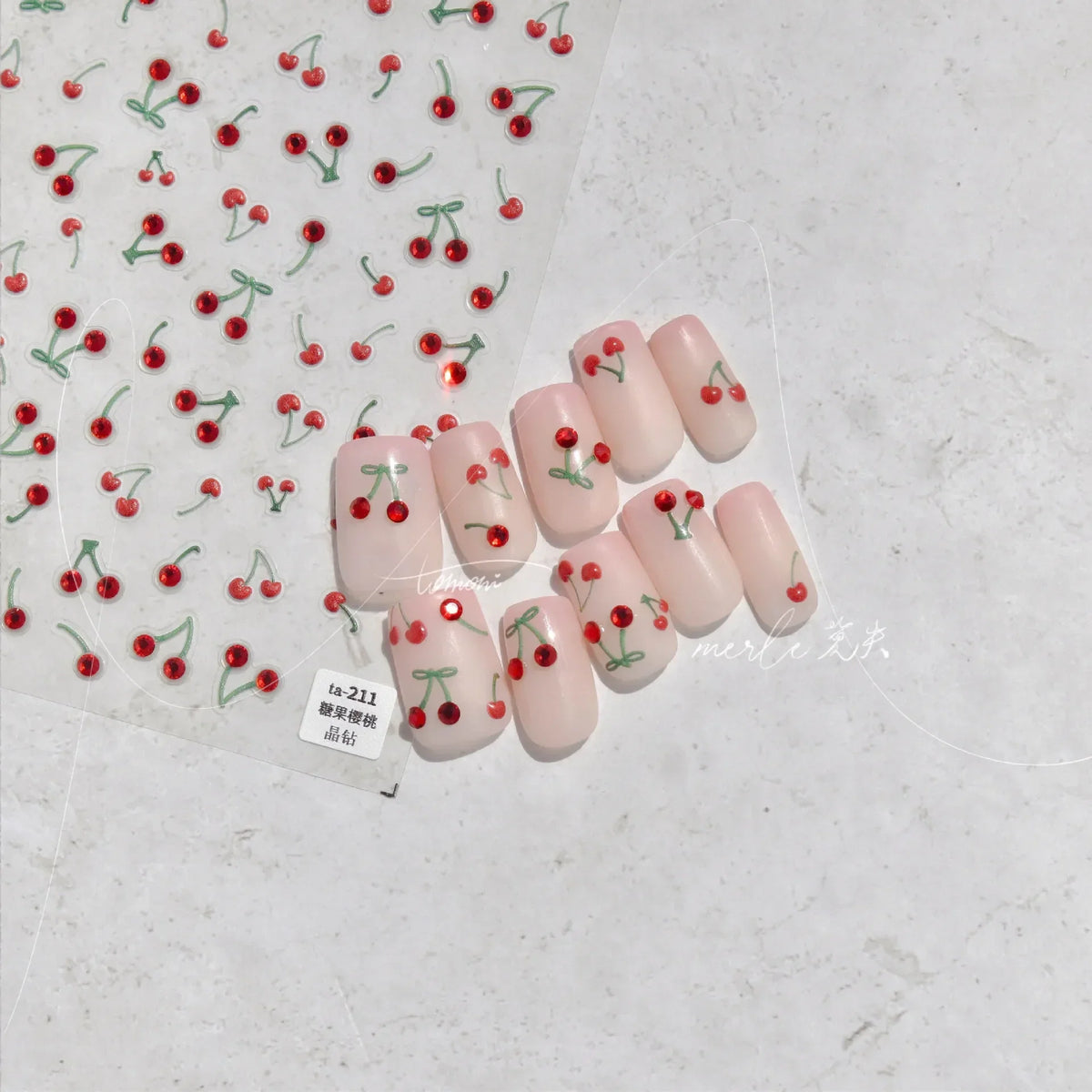 Cute Juicy Red Cherry Bowknot 5D nail art stickers with shiny crystal rhinestones, perfect for DIY manicure decoration.