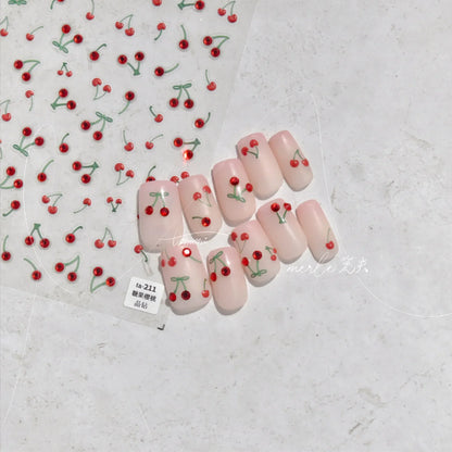 Cute Juicy Red Cherry Bowknot 5D nail art stickers with shiny crystal rhinestones, perfect for DIY manicure decoration.