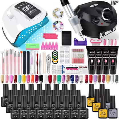 Blushimmer acrylic nail kit with poly nail gel set, nail lamp, glitter gel, UV building gel, and manicure tools for nail extension.