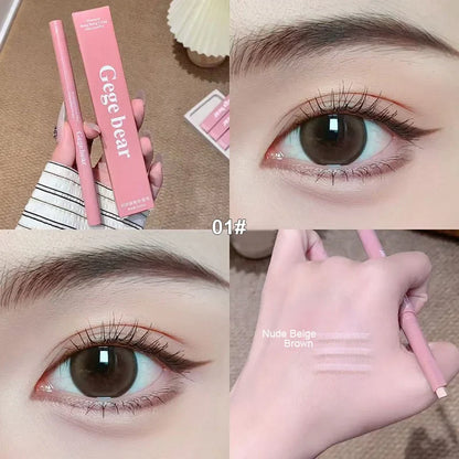 Blushimmer double-ended lying silkworm pencil with highlighter and eyeliner, nude shade, featuring a detail brush for eye makeup.