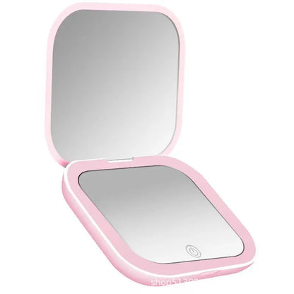 Blushimmer mini portable folding makeup mirror with LED lights, magnifying compact vanity mirror for travel and makeup application