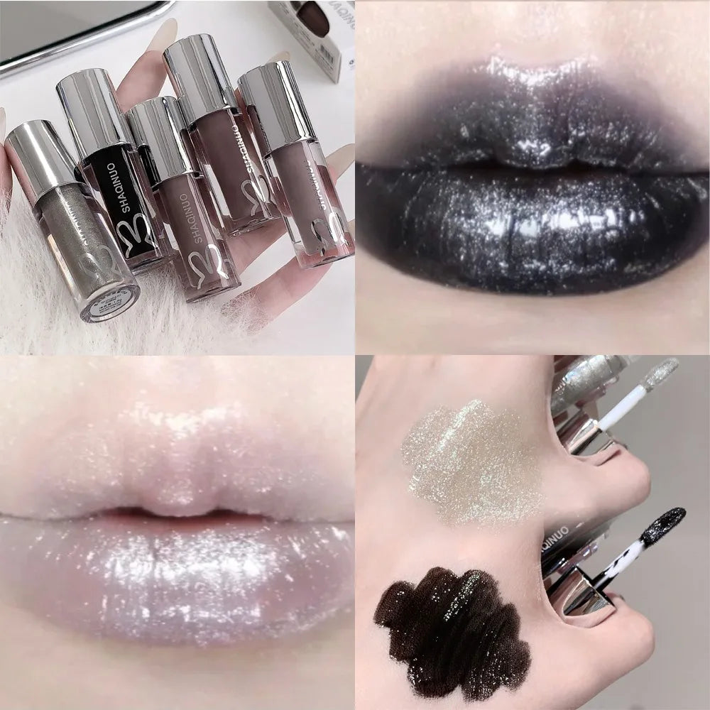 Black Rabbit Gothic silver metallic lip gloss by Blushimmer with translucent, non-sticky water gloss finish on lips.