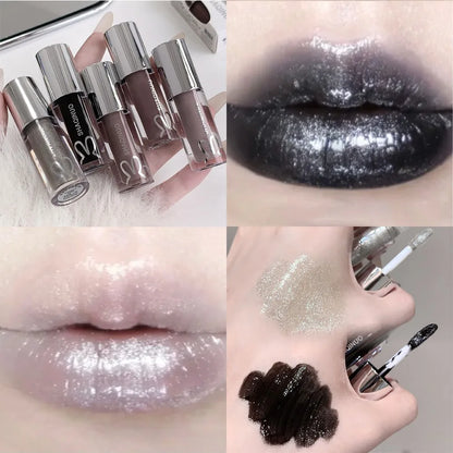 Black Rabbit Gothic silver metallic lip gloss by Blushimmer with translucent, non-sticky water gloss finish on lips.