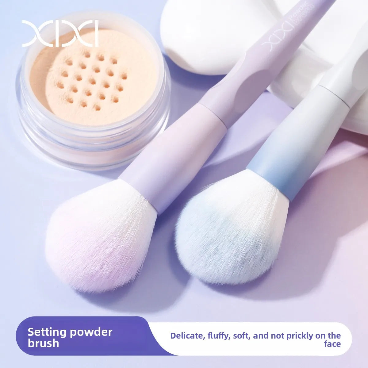 Soft and fluffy Blushimmer large powder makeup brush for face powder, blush, bronzer, and setting powder application.