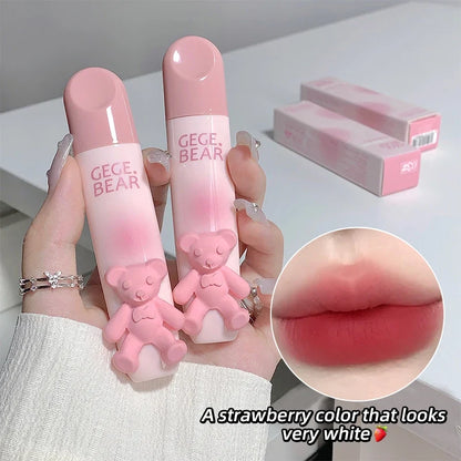 Blushimmer cute bear lip glaze and matte velvet lipstick with white lip cream for glowing, colorful lip makeup.