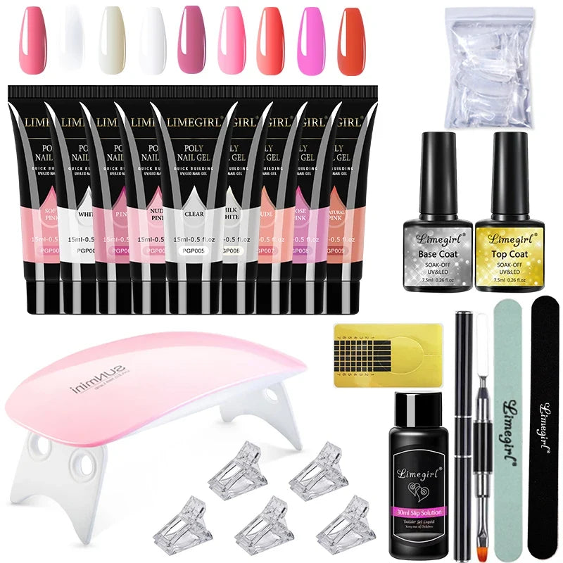 Blushimmer Limegirl 15ml extension nail gel set with 6W LED lamp, manicure tools, finger extend mold, and nail extension kit.